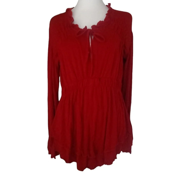 Boston Proper True Red Poets Blouse Tie Front Ruched Details Size Medium - Picture 1 of 8